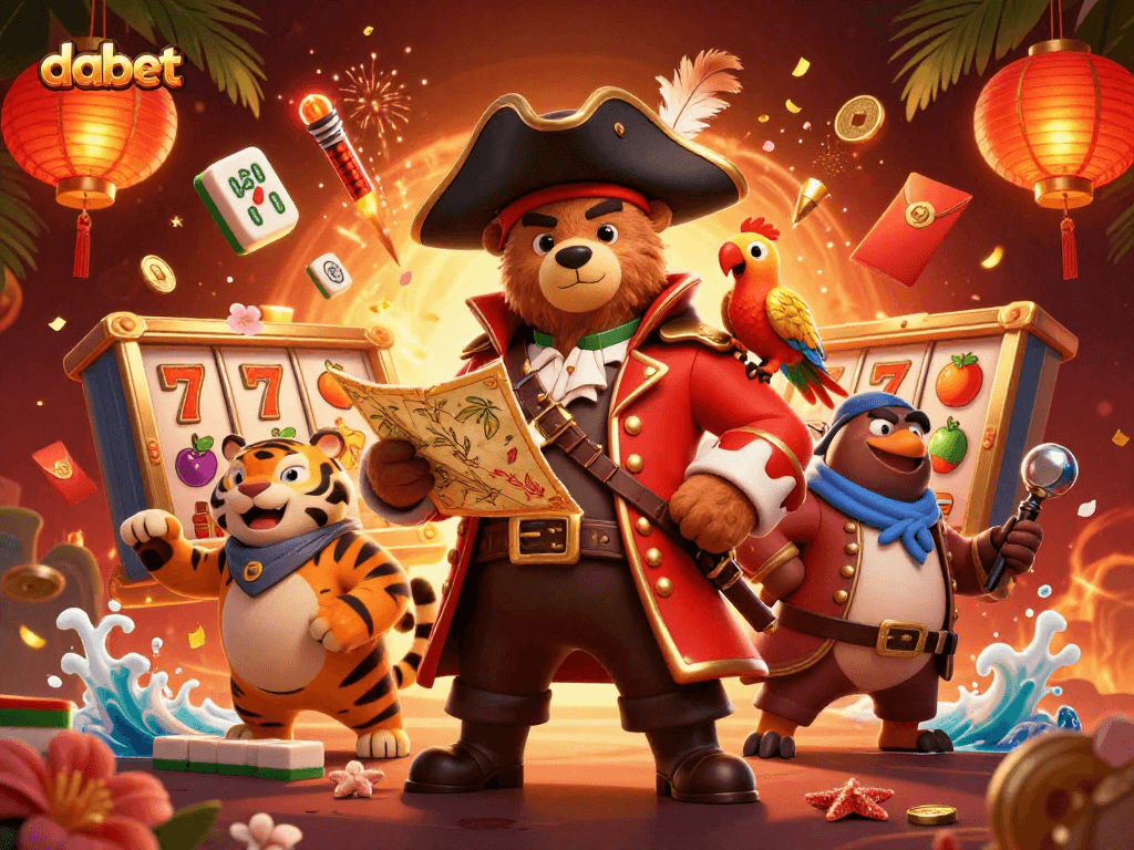 dabet features a pirate bear, tiger, and parrot amidst vibrant slot reels and festive elements.