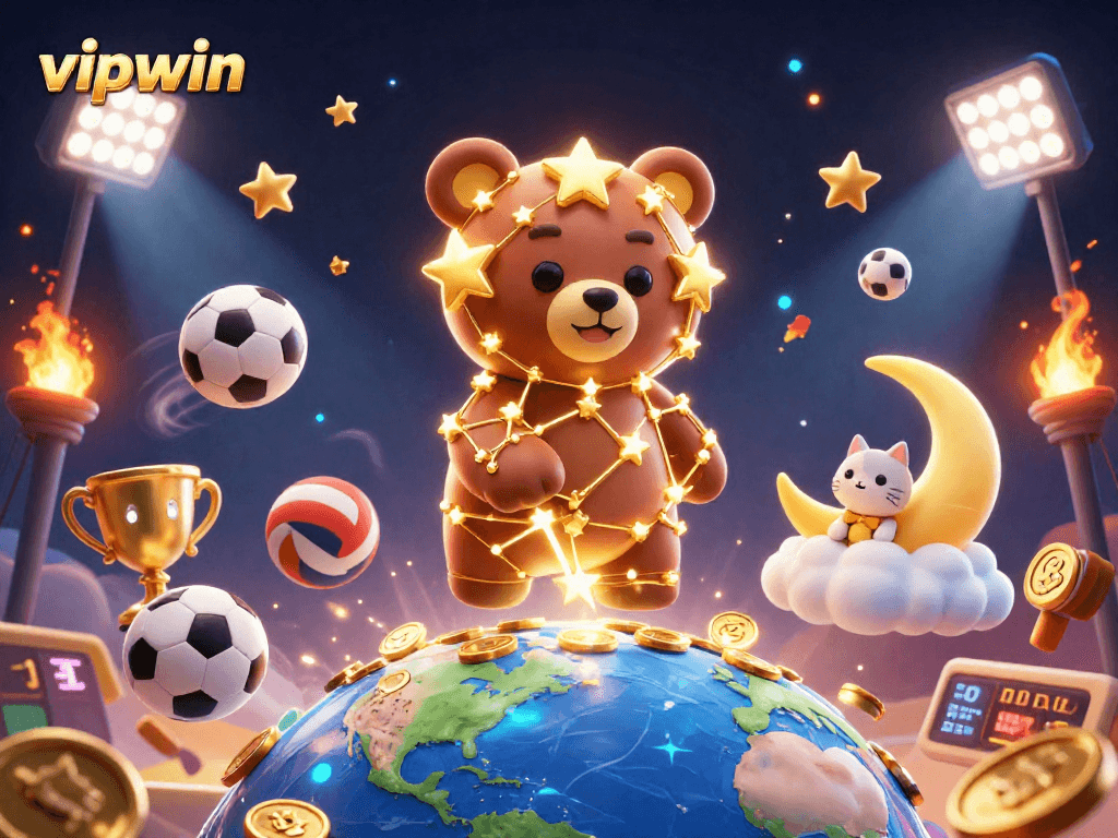 Boost your gaming with vipwin as a constellation bear gathers coins in a vibrant casino scene.