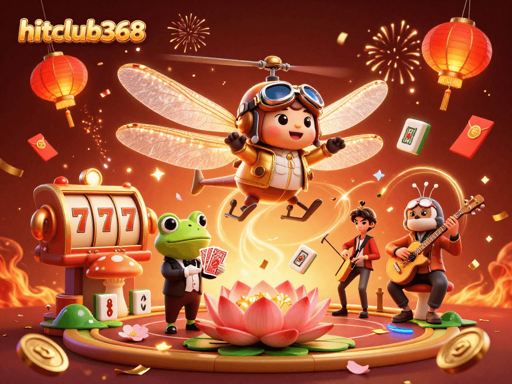 Experience excitement and winnings with hitclub368 at a vibrant casino scene featuring unique gaming characters.