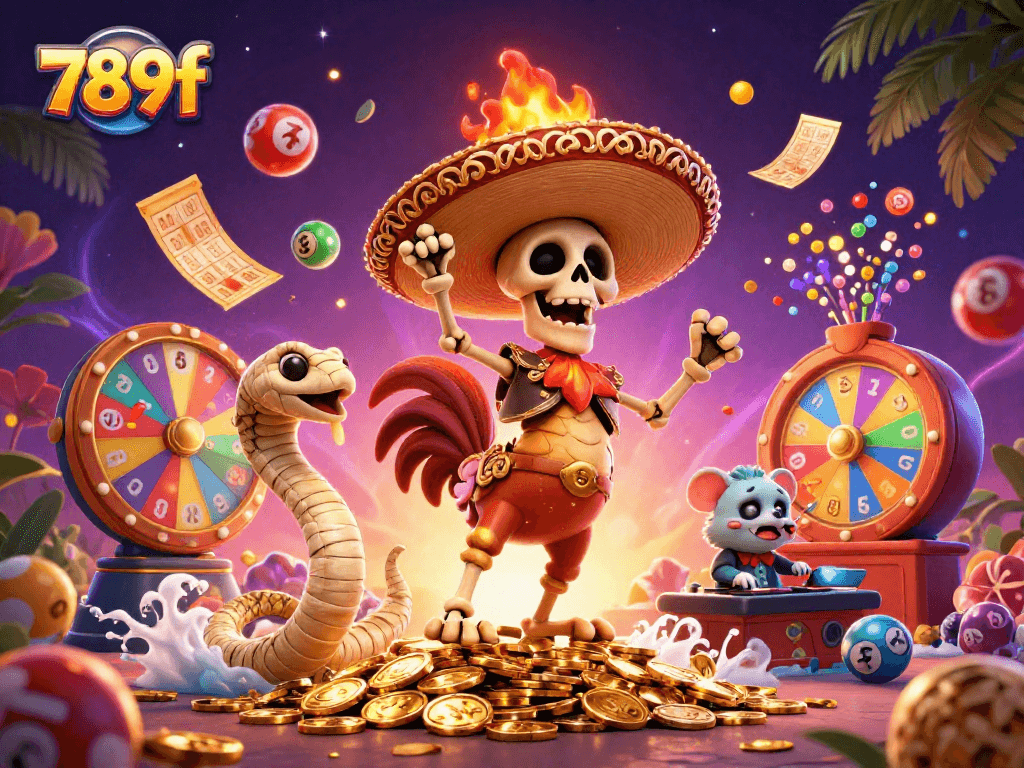 Immerse in the colorful world of 789f casino with vibrant characters celebrating winnings amidst a lotto scene.