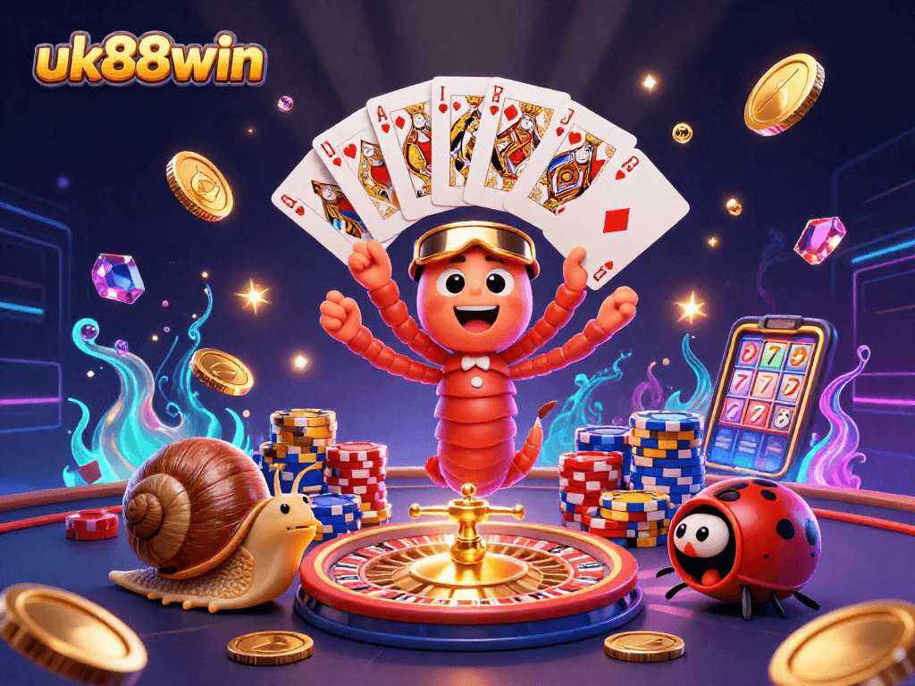 Win at uk88win with dynamic dealers and vibrant casino elements in an engaging illustration.