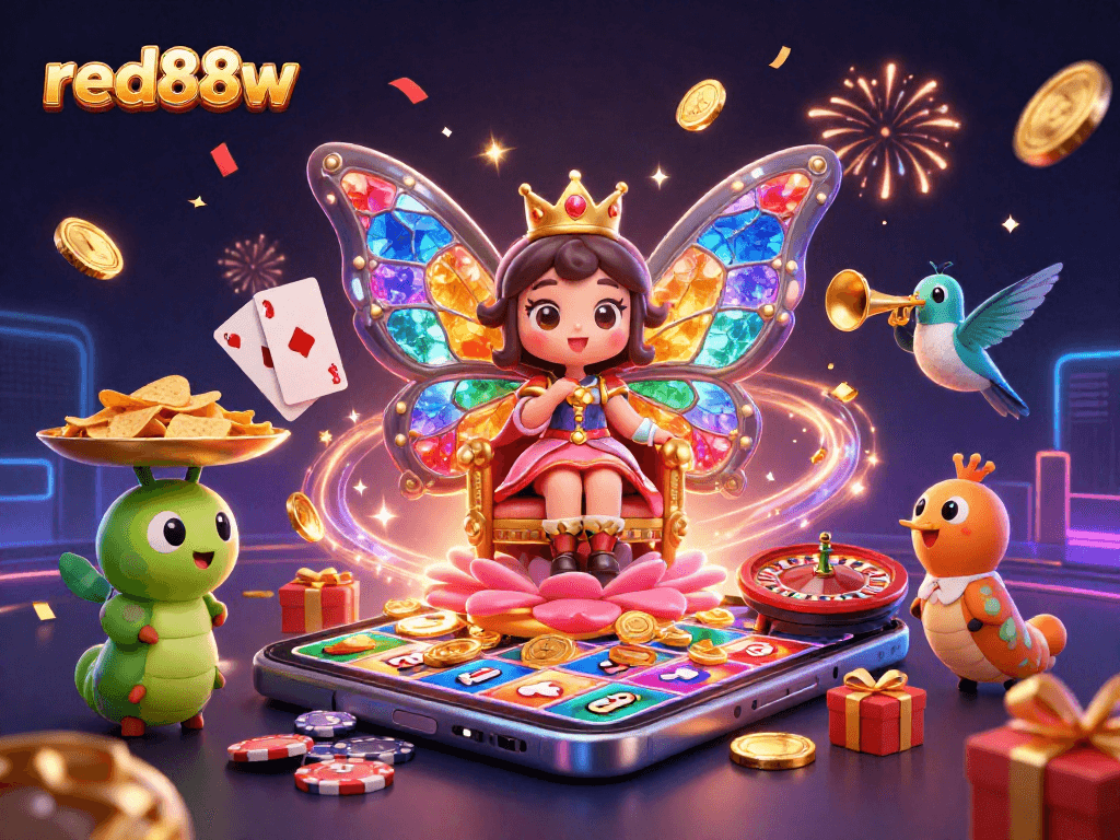Experience thrilling wins at red88w with a vibrant butterfly queen in a casino-themed 3D digital scene.