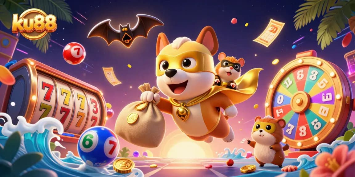 ku88 superhero dog flies over colorful slots and games, embodying casino excitement and fun