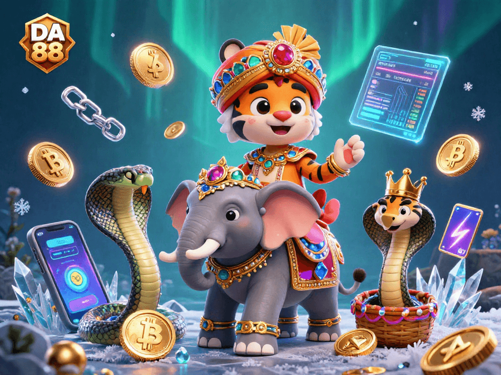 Spin with DA 88: Join a vibrant 3D casino scene featuring crypto elements!
