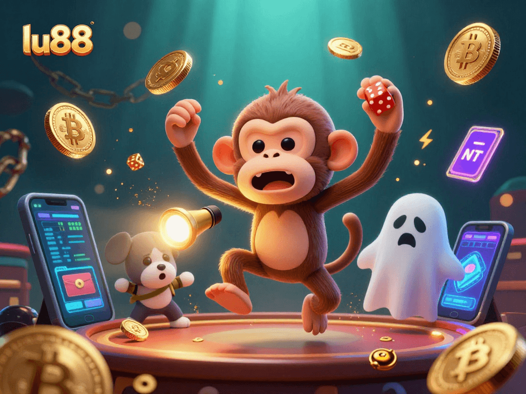 lu88 showcases a playful ghost-hunter puppy tracking a mischievous poltergeist monkey in a vibrant casino