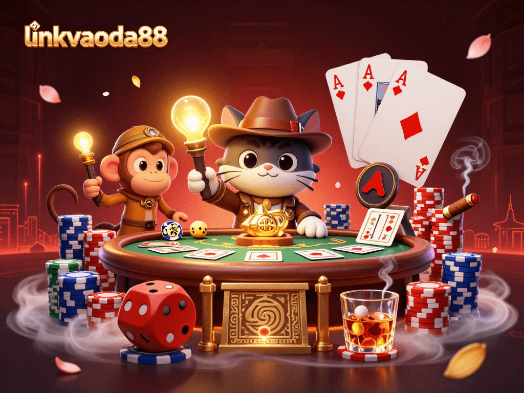 linkvaoda88 showcases a cat archaeologist discovering golden casino treasures amidst vibrant gaming elements.