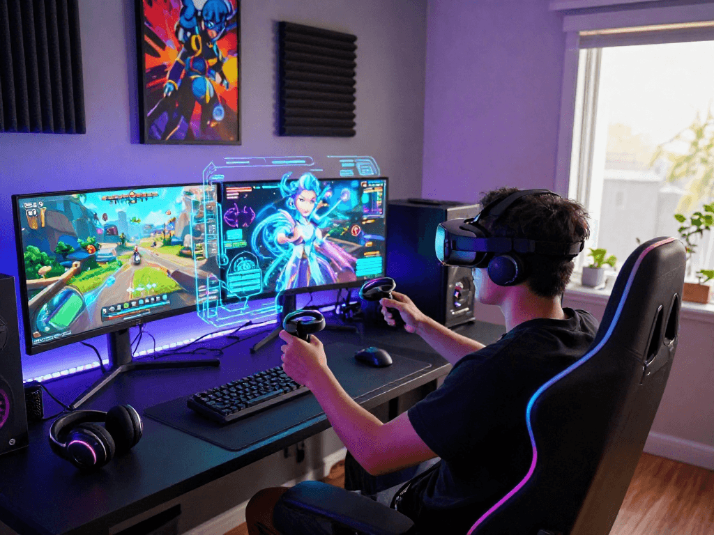 AI roleplay scene featuring a gamer in VR headset exploring immersive digital landscapes, high-energy gaming setup.