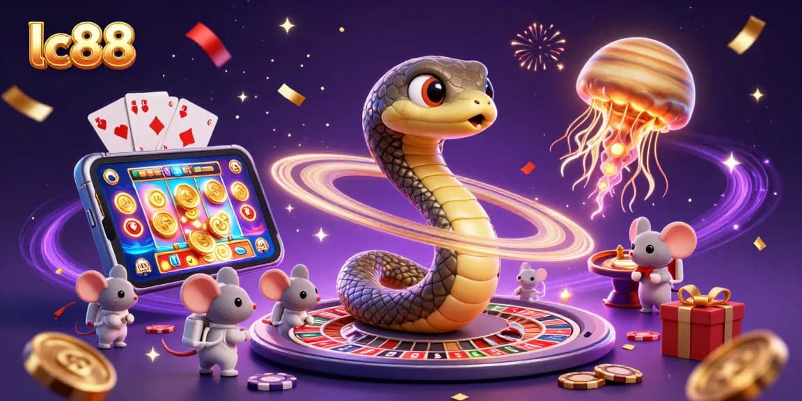 Play at lc88 with a cosmic roulette wheel and animated slot games in a vibrant illustration.
