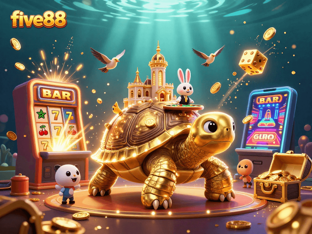 Experience the excitement of five88 with a vibrant scene of a golden tortoise casino and joyful dealer.
