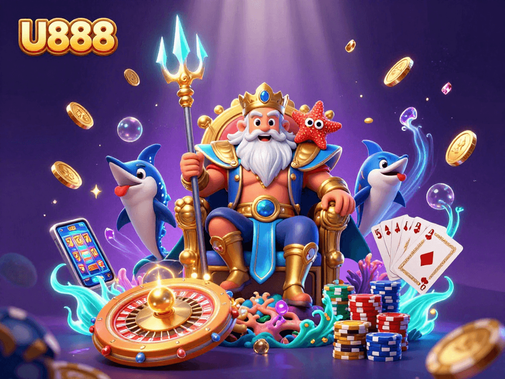 U888 jackpots illuminate with Neptune and treasure in vibrant underwater 3D casino scene