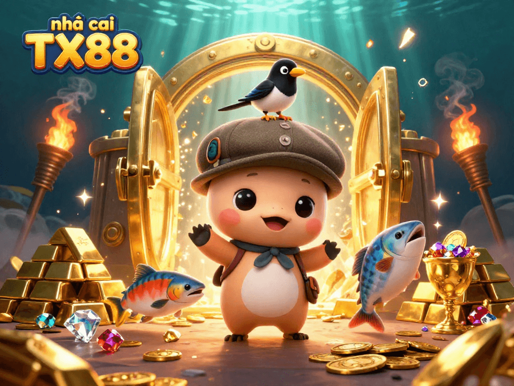 Experience the excitement of nhà cái TX88 with vibrant underwater casino characters in a treasure-filled scene.