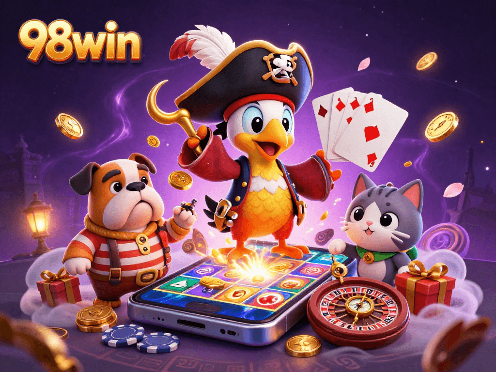 Engage in vibrant casino action with 98win's captivating pirate-themed illustration showcasing exciting gameplay elements.