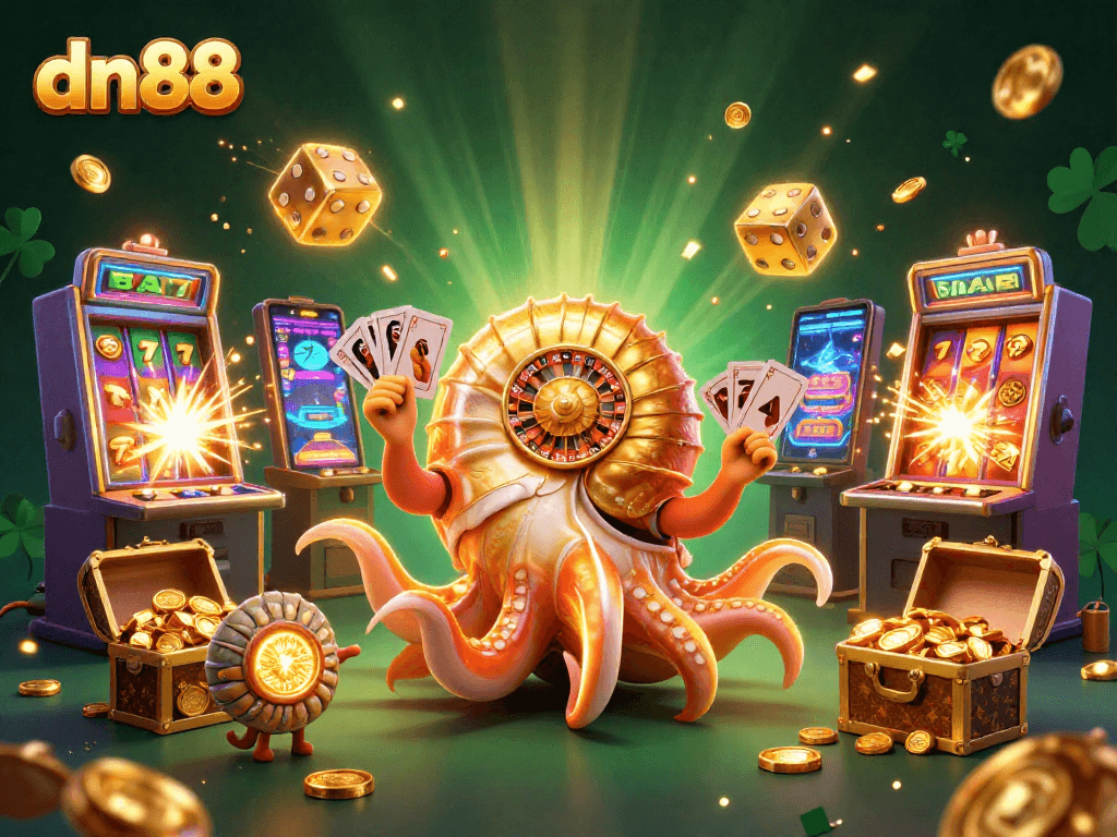 Engage with dn88's vibrant casino landscape featuring a giant nautilus roulette and dynamic game elements.