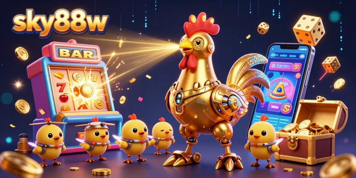 Engage in thrilling fun with sky88w's 3D cartoon casino adventure filled with golden robots, slot machines, and vibrant gameplay.