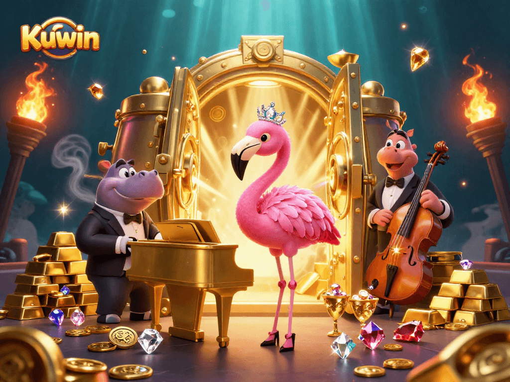 Kuwin's vibrant casino scene features a flamingo singer and hippo bassist celebrating wealth.