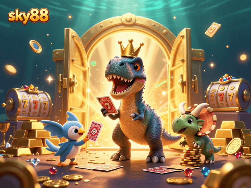 Experience thrilling gameplay at sky88 featuring a T-Rex, cards, and golden jackpots.