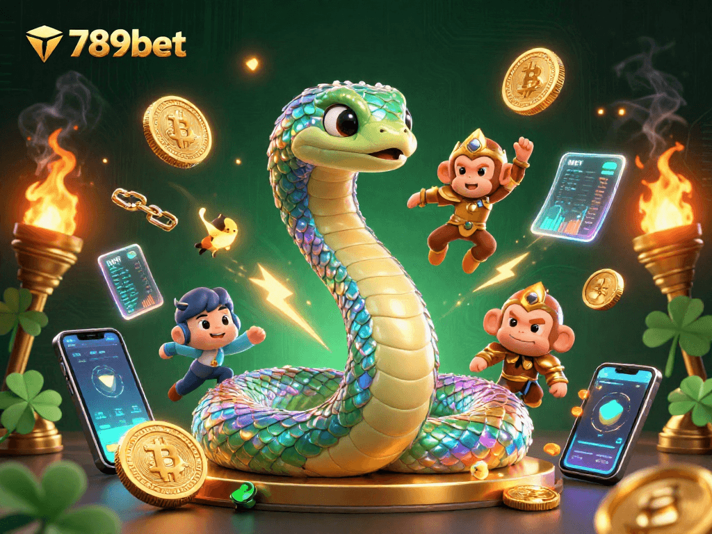 Experience thrilling casino action with 789bet's vibrant gaming scene featuring a rainbow serpent and cryptocurrency elements.