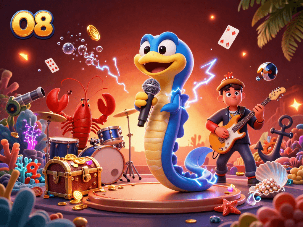 Experience thrilling gameplay with O8 as electric eel DJs in an underwater casino scene full of excitement and treasures.