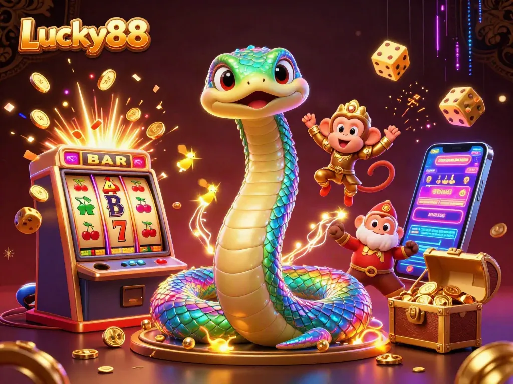 Win big with Lucky88's vibrant jackpot scene featuring a playful monkey king and rainbow serpent.