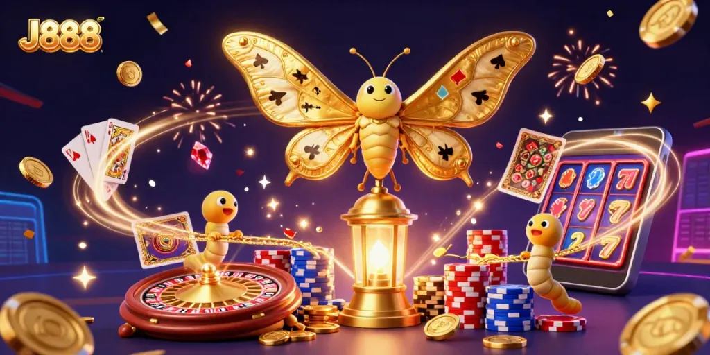 Experience thrilling gameplay with J888 as golden coins and poker chips surround a mystical moth.