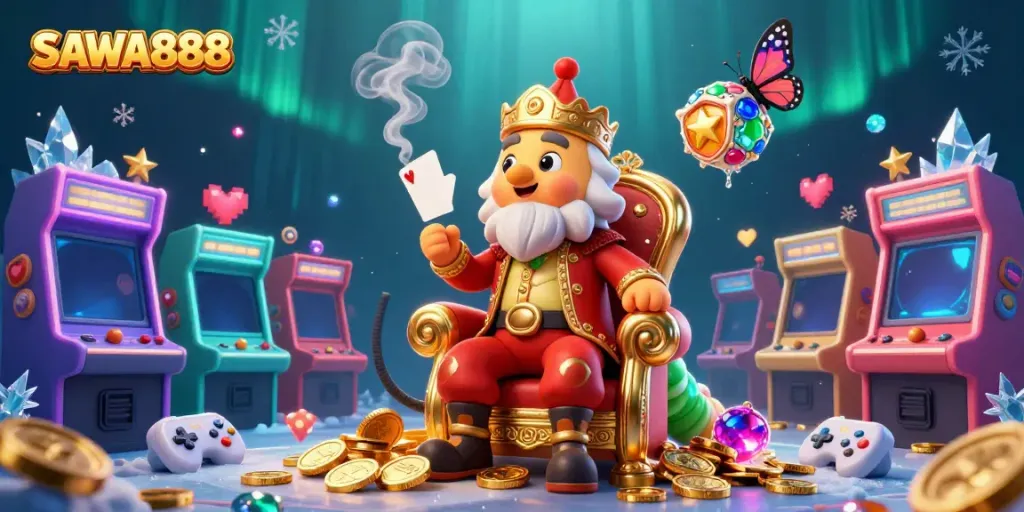 Engage with SAWA888 as a vibrant casino experience featuring animated characters and gaming elements.