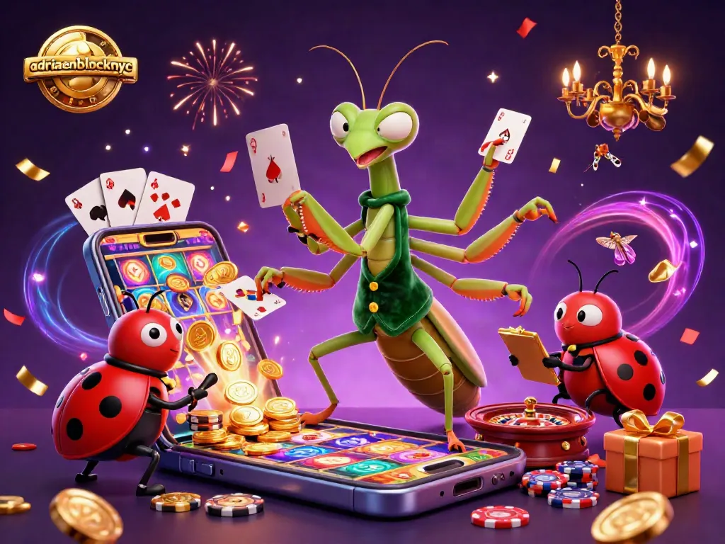 Experience the excitement of adriaenblocknyc as giant mantis deals cards amid swirling energy and gold coins.