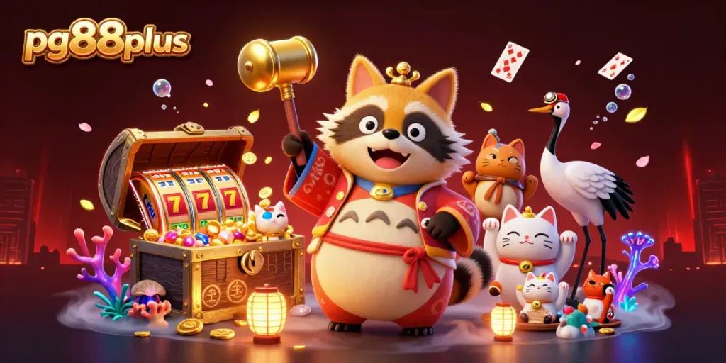 Spin the reels and win with pg88plus in a vibrant casino-themed scene.