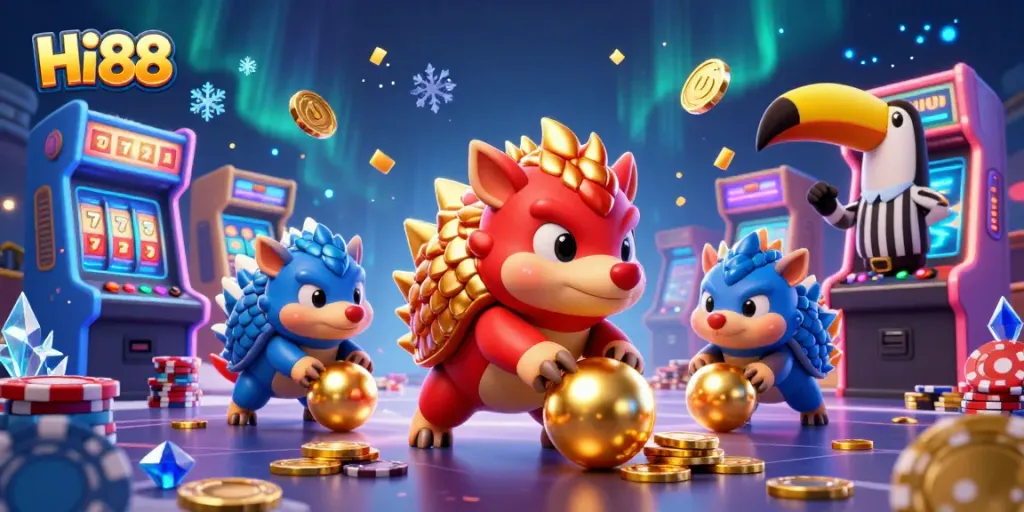 Hi88 pangolins roll golden balls in a casino scene with neon elements, creating excitement.