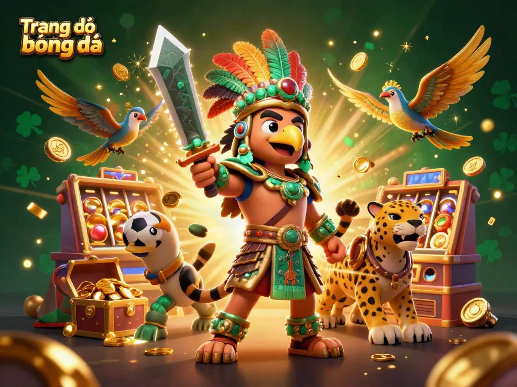 Engage with Trang cá độ bóng đá through a vibrant, dynamic 3D illustration of Aztec warriors amidst casino elements.