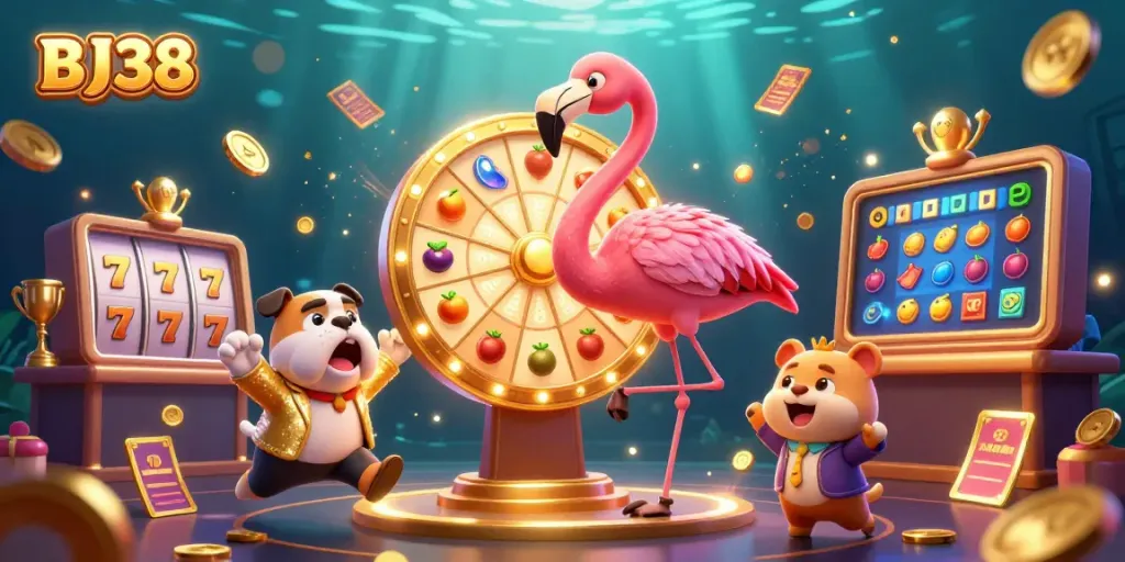Experience engaging gameplay with BJ38 as a flamingo spins a prize wheel in an exciting casino setting.