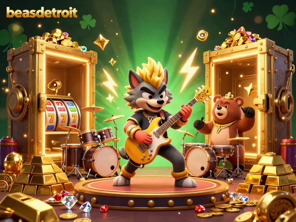 Engage with beasdetroit's vibrant casino scene featuring a rock star wolf and playful bear amidst gold and jewels.