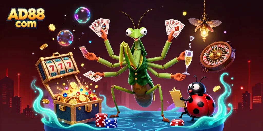 Experience thrilling games at AD88 com with vibrant 3D casino illustration featuring cartoon characters and gaming elements.