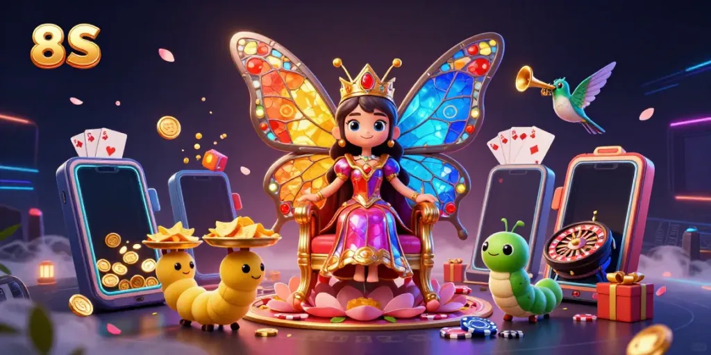 Experience the dynamic scene of 8 S featuring a butterfly queen and vibrant casino elements.