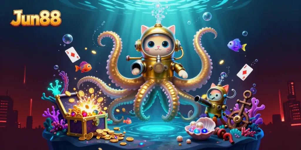 Experience the thrill of Jun88 with a vibrant underwater casino scene full of treasures and excitement.