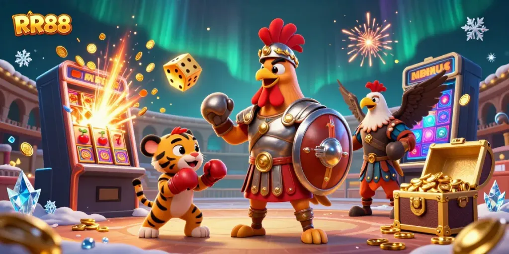 Experience the vibrant gaming world of RR88 with an epic scene featuring a gladiator rooster, tiger cub, and casino elements.