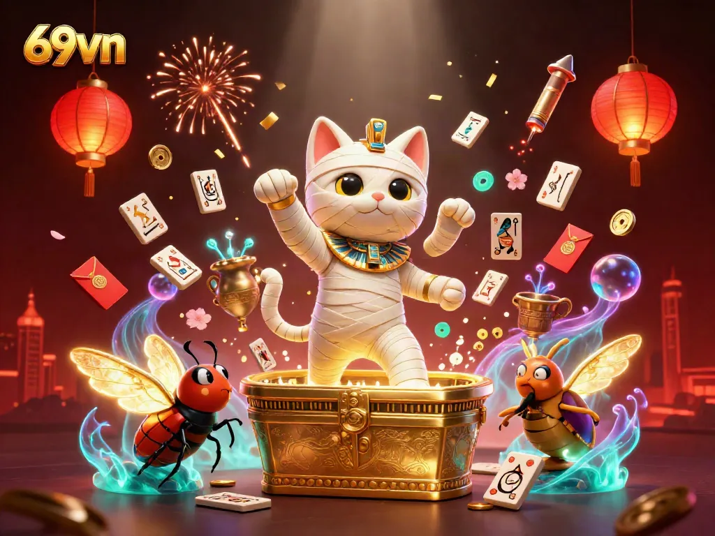 Engage with 69vn's exciting online gaming scene featuring an Egyptian mummy cat in a lavish casino setting.