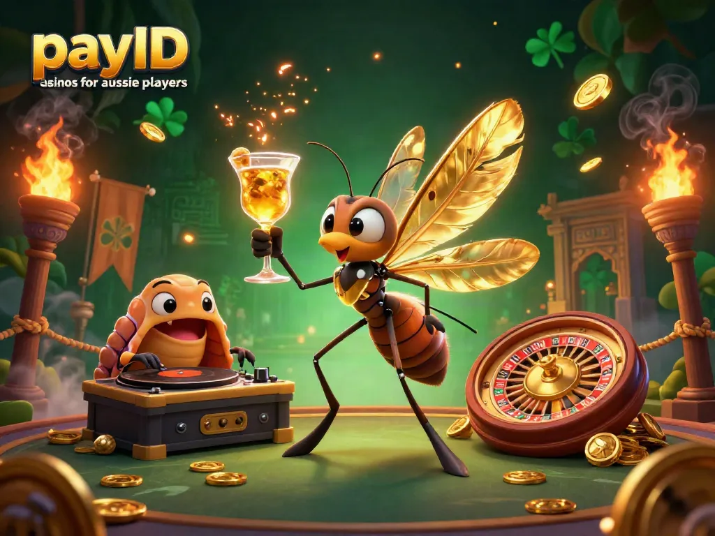Engage with payID casinos for aussie players through dynamic gaming imagery, featuring a lively casino mascot and roulette.