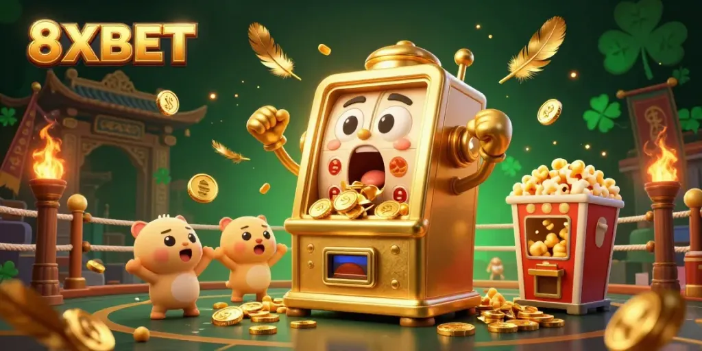 Experience thrilling wins with 8XBET's enchanting slot machines celebrating jackpots amid gold coins.