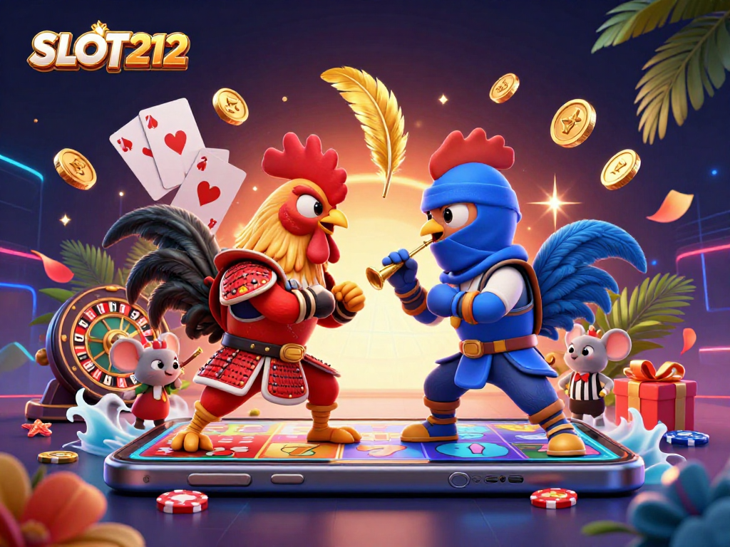 SLOT212 features a 3D cartoon showdown of samurai and ninja roosters amid vibrant casino elements.