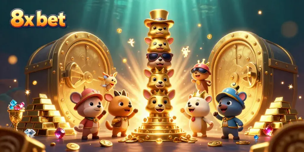 Experience the thrill of 8x bet at this vibrant 3D casino scene featuring a majestic totem pole and treasure.