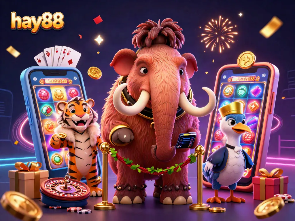 Experience the thrill of hay88 with a dynamic casino scene featuring a woolly mammoth, VIP saber-tooth tiger, and a dodo bird doorman.