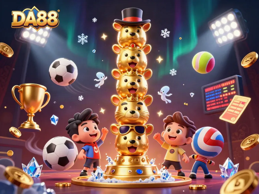 Engage with DA88's thrilling sports betting scene featuring dynamic sports elements and a golden totem.