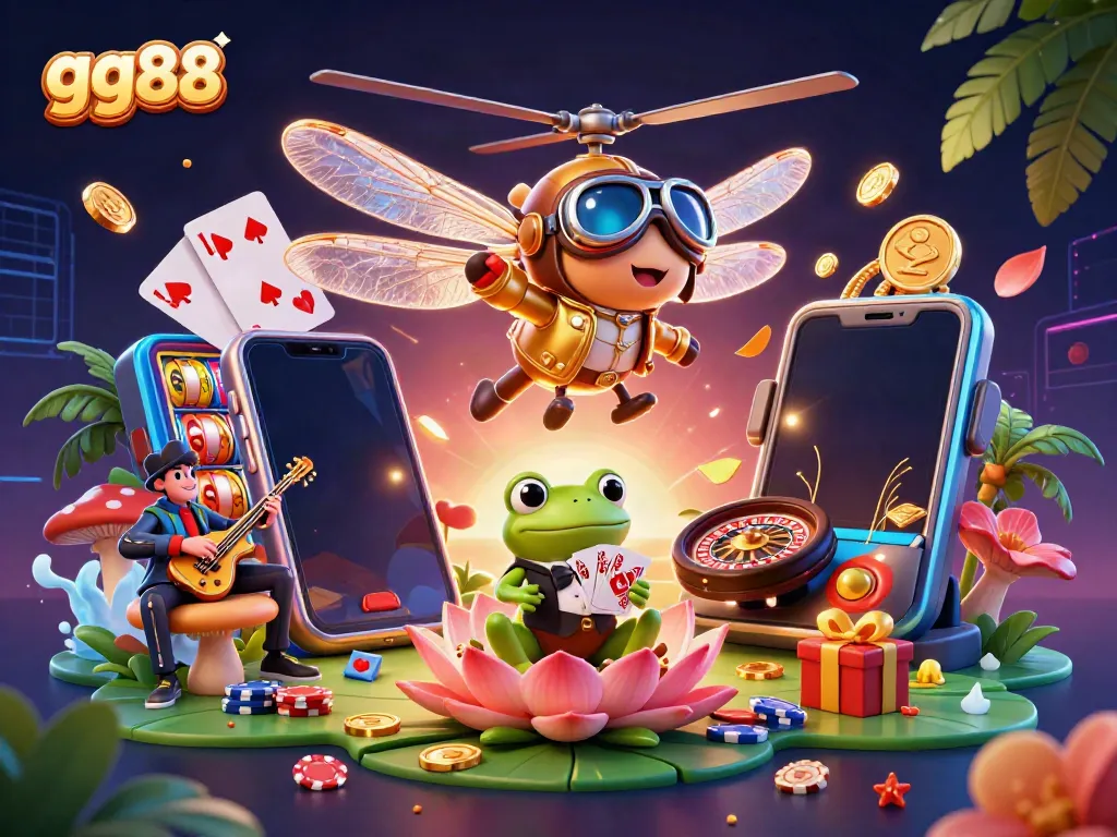 Engage with gg88 casino thrills in a vibrant 3D cartoon illustration featuring dynamic characters and games.