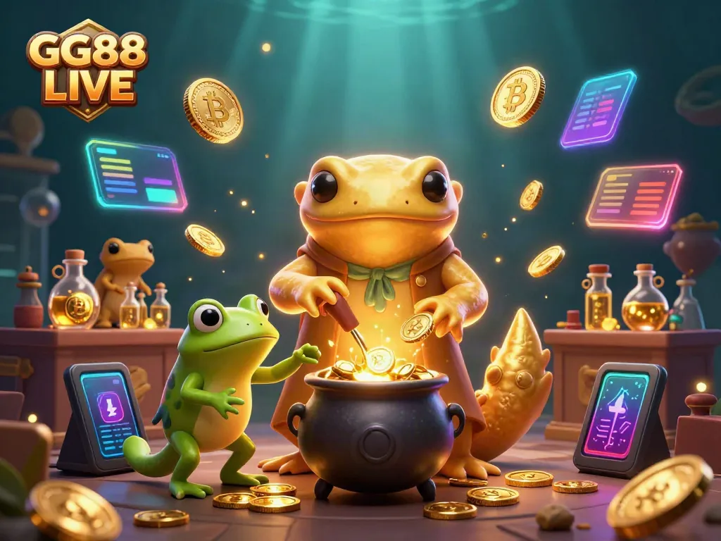 Exciting GG88 LIVE gaming scene with a golden salamander and frog alchemist creating virtual gold coins.