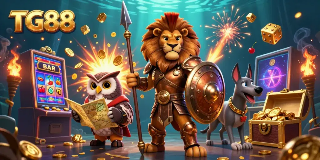 Experience thrilling wins at TG88 with a vibrant casino scene featuring a Spartan lion amidst jackpot explosions.