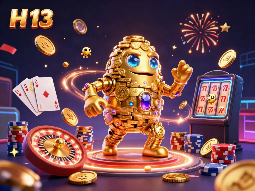 Spin the reels and win big with H 13, featuring a vibrant casino scene full of gold and excitement.