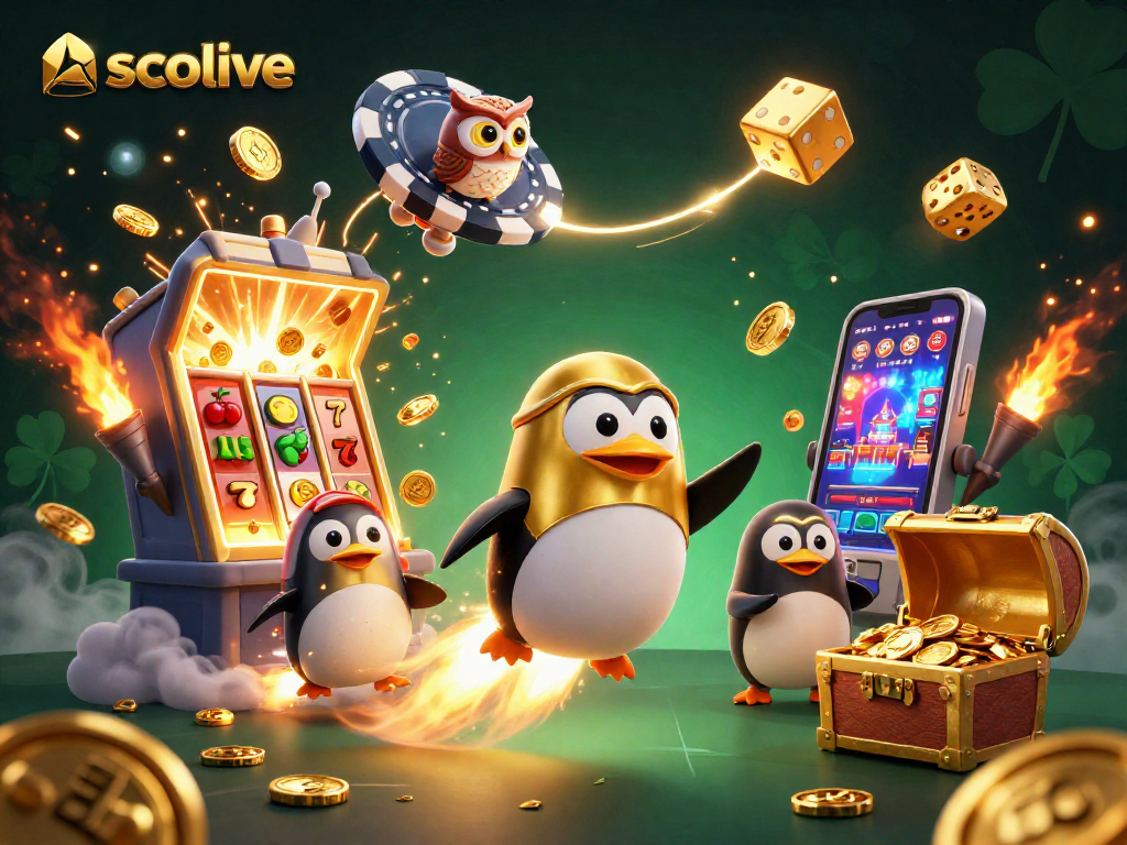 Experience the thrill of socolive as a golden penguin zooms to a casino-style poker chip station in space.