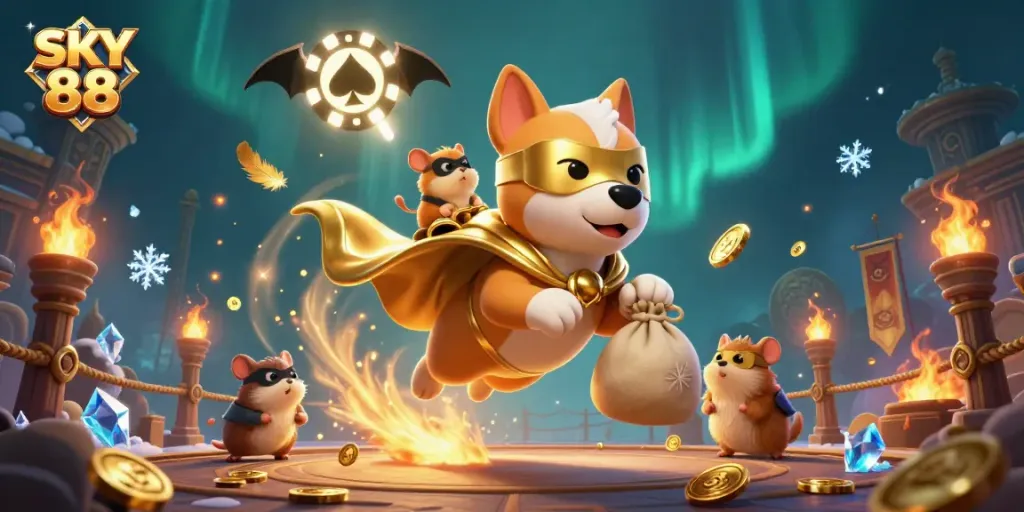 Experience thrilling gaming adventures with SKY 88, featuring dynamic characters and vibrant casino elements.