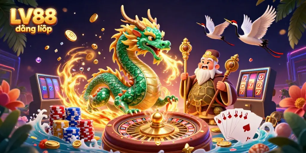 Experience winning moments with LV88 đăng nhập in this vibrant casino scene filled with dynamic game elements.