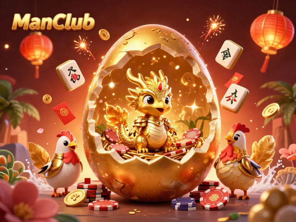 Experience dynamic gaming with ManClub featuring a golden egg, dragon, and poker chips in an exciting casino environment.